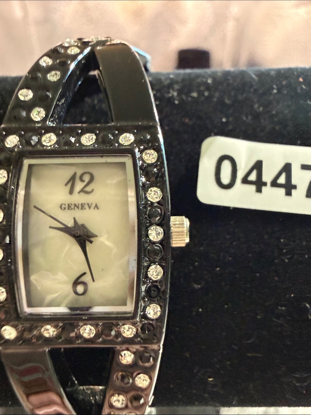 Geneva Black Crystal Bangle Watch with Mother-of-Pearl Dial